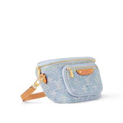 A summery Louis Vuitton Mini Bumbag in vintage-look sky blue Monogram denim, featuring a bleached and stonewashed finish, gold-tone hardware, a front pocket with an embossed leather label, and versatile removable chain and adjustable strap options.